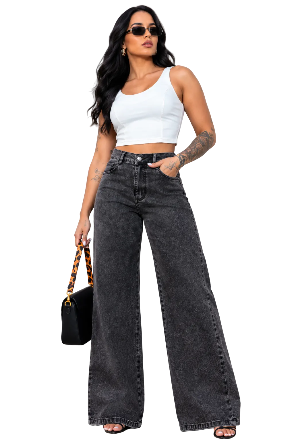 Calça Jeans Wide Leg Cargo Feminino