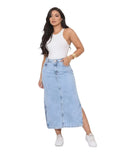 Saia Jeans Feminina Midi Azul Abertura Lateral Cintura Alta