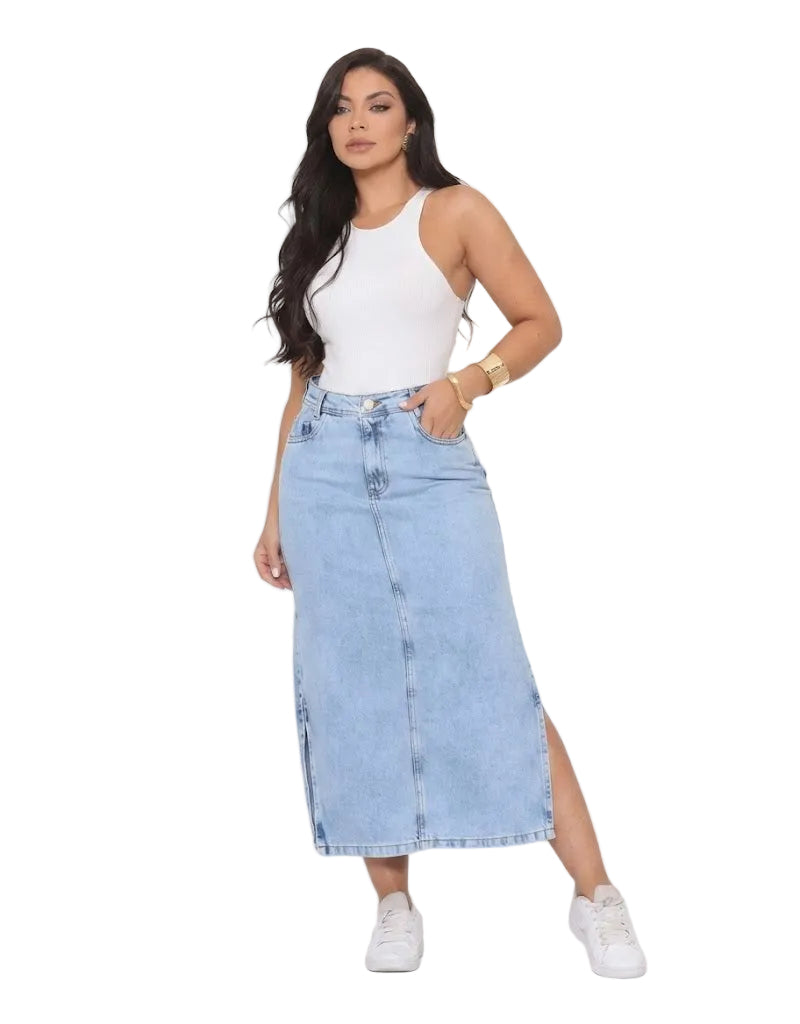 Saia Jeans Feminina Midi Azul Abertura Lateral Cintura Alta