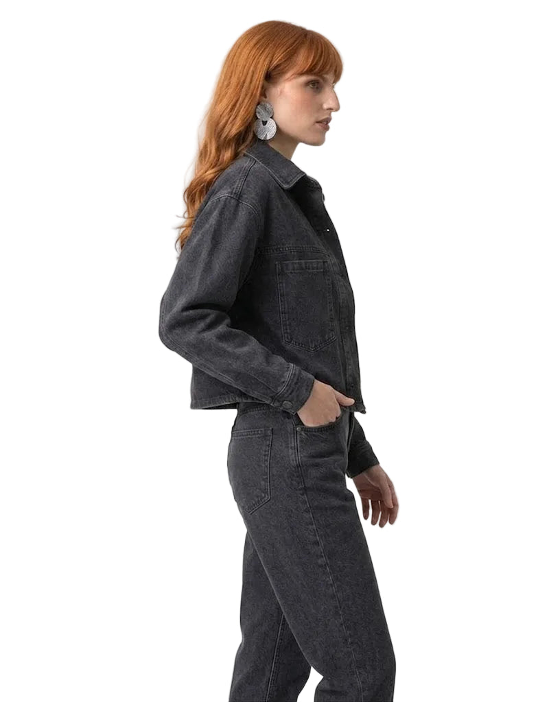 Jaqueta Jeans Oversized Feminina Preta Estonada