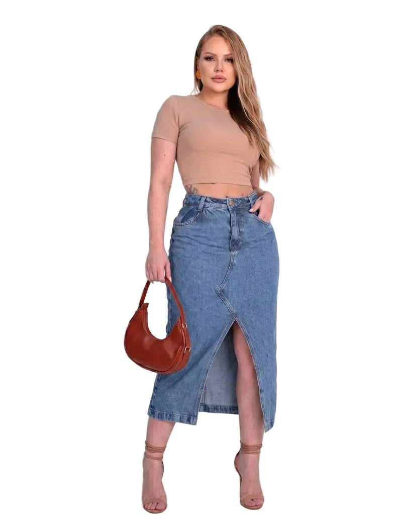 Saia Jeans Feminina Midi Abertura Frontal