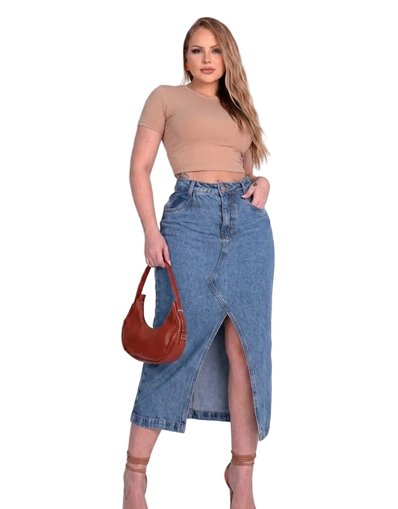 Saia Jeans Feminina Midi Abertura Frontal