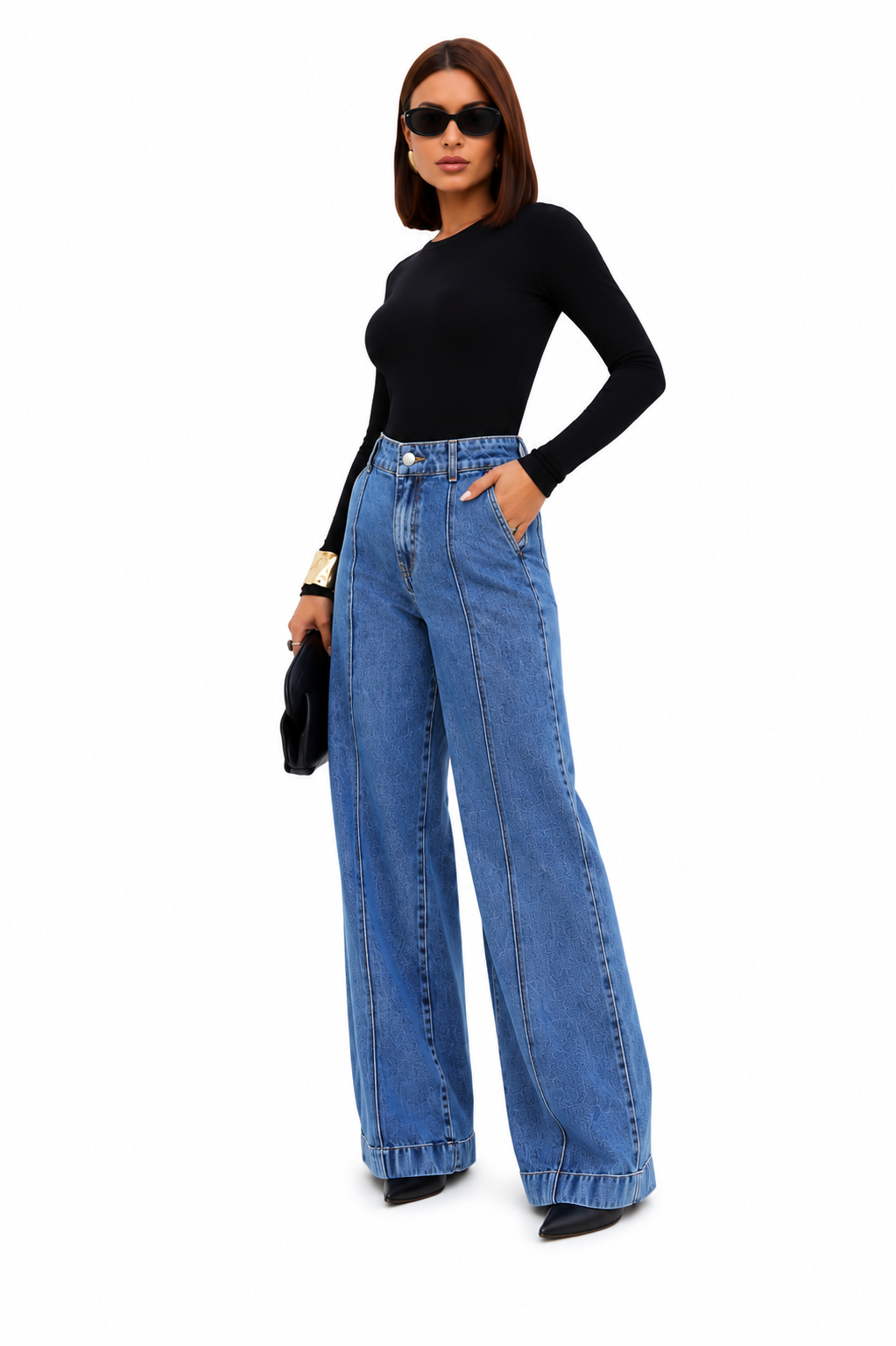 Calça Jeans Feminina Wide Leg Jeans Médio Cintura Alta Elegante