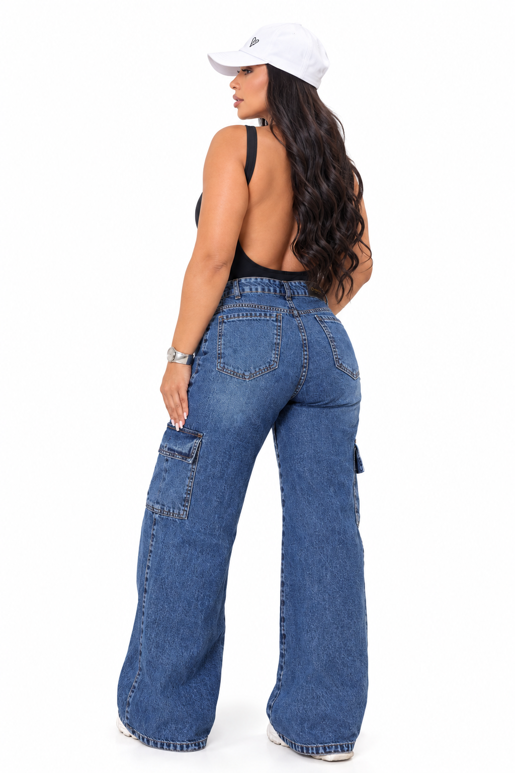 Calça Wide Leg Cargo Jeans Azul Alta Qualidade