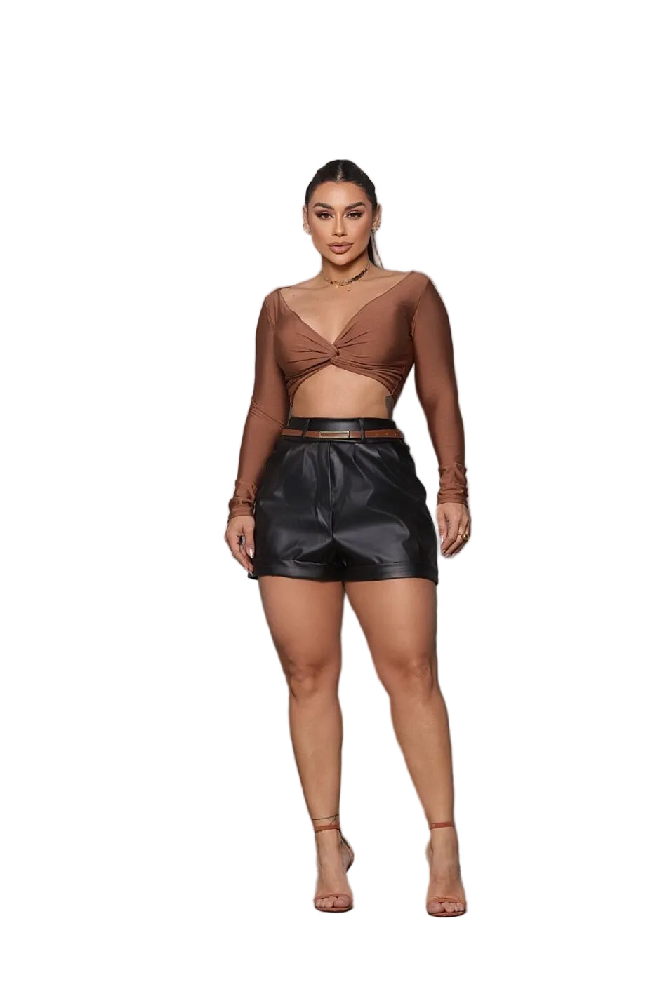 Shorts Feminino Resinado Cintura Alta com Cinto