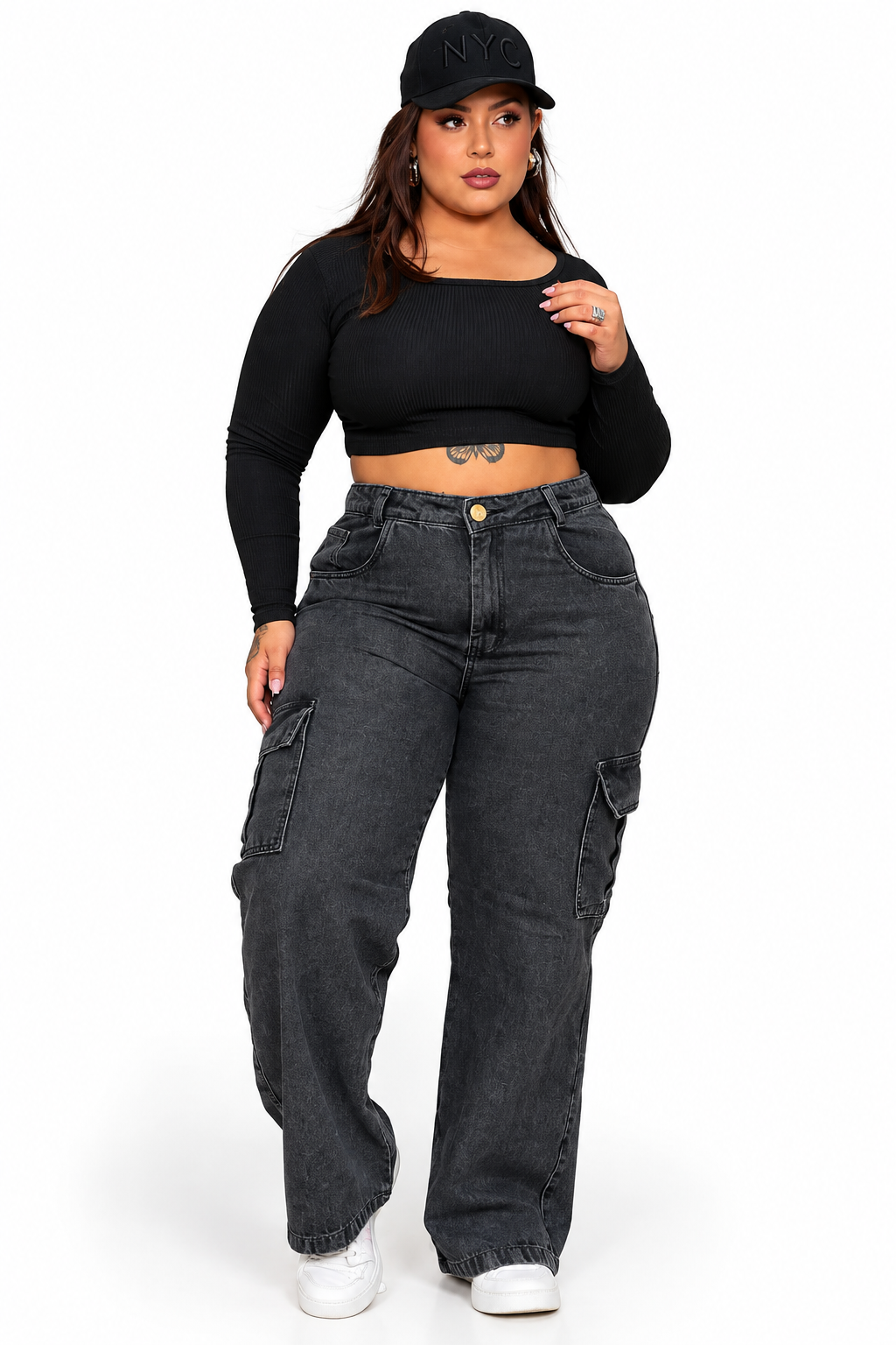 Calça Jeans Wide Leg Cargo Plus Size Cintura Alta