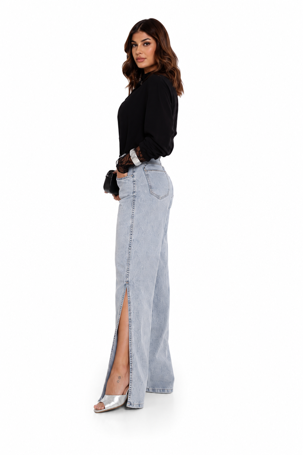 Calça Jeans Feminina Wide Leg Jeans Médio Cintura Alta Pantalona Clara