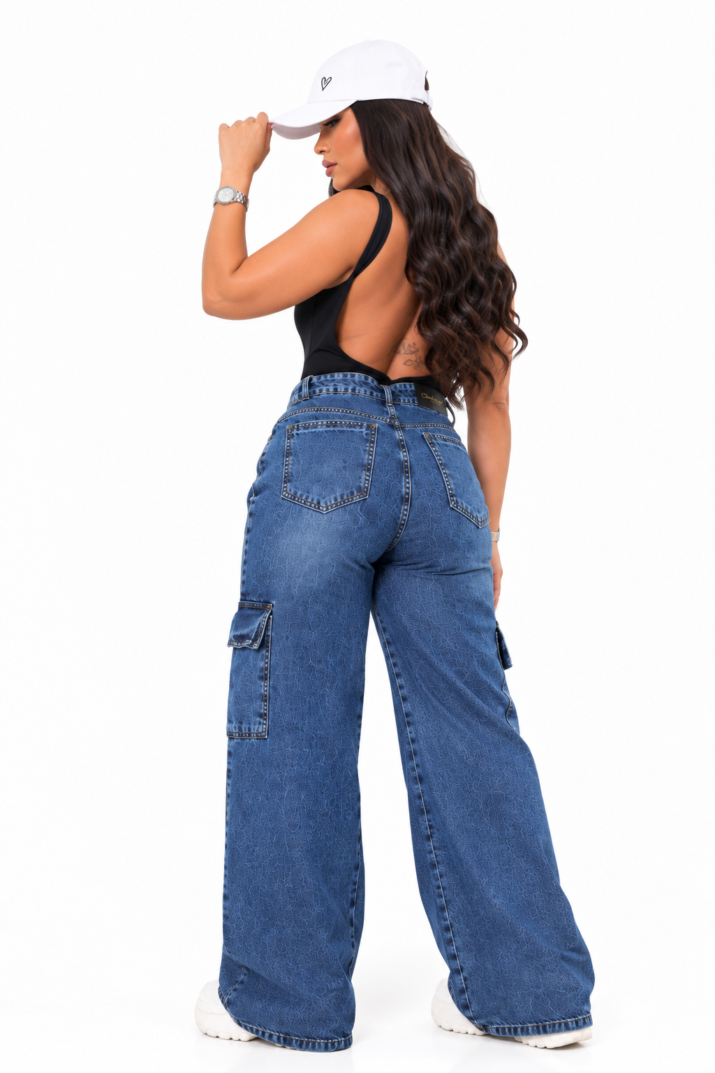 Calça Wide Leg Cargo Jeans Azul Alta Qualidade