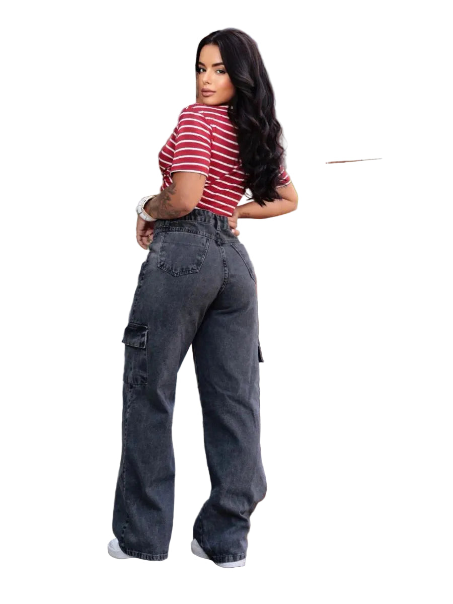 Calça Jeans Wide Leg Cargo  Cintura Alta