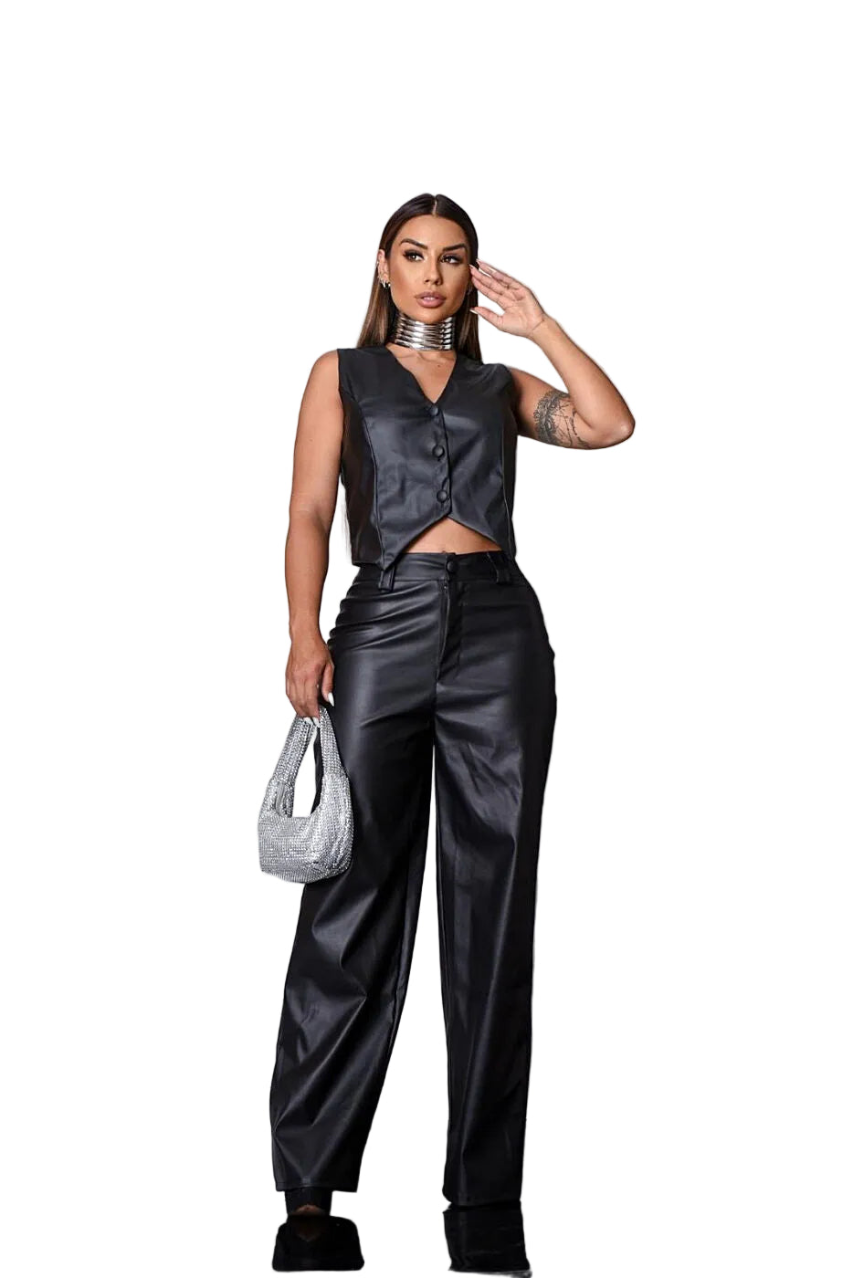 Calça Feminina Resinada Cintura Alta Pantalona Couro Sintético