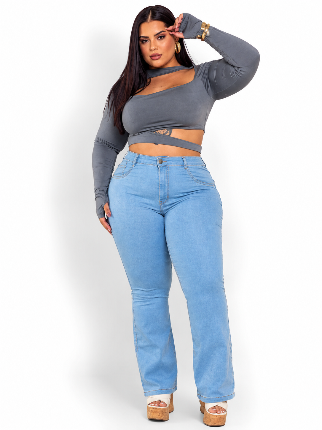 Calça Wide Jeans Plus Size Com Elastano Premium  Zíper Bolso Botão