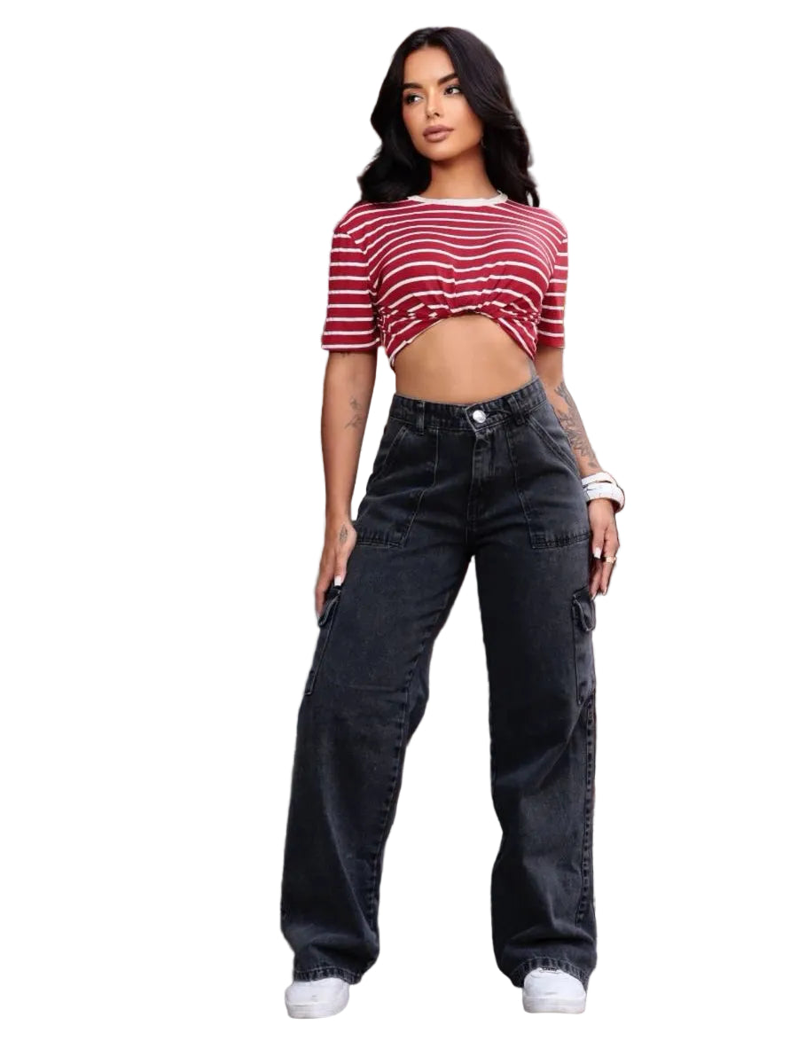 Calça Jeans Wide Leg Cargo  Cintura Alta