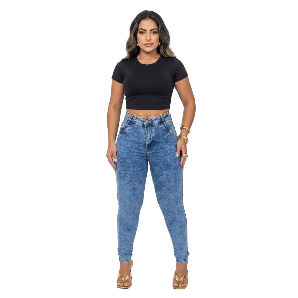 Calça Feminina Skinny Estonada Jeans Cintura Alta