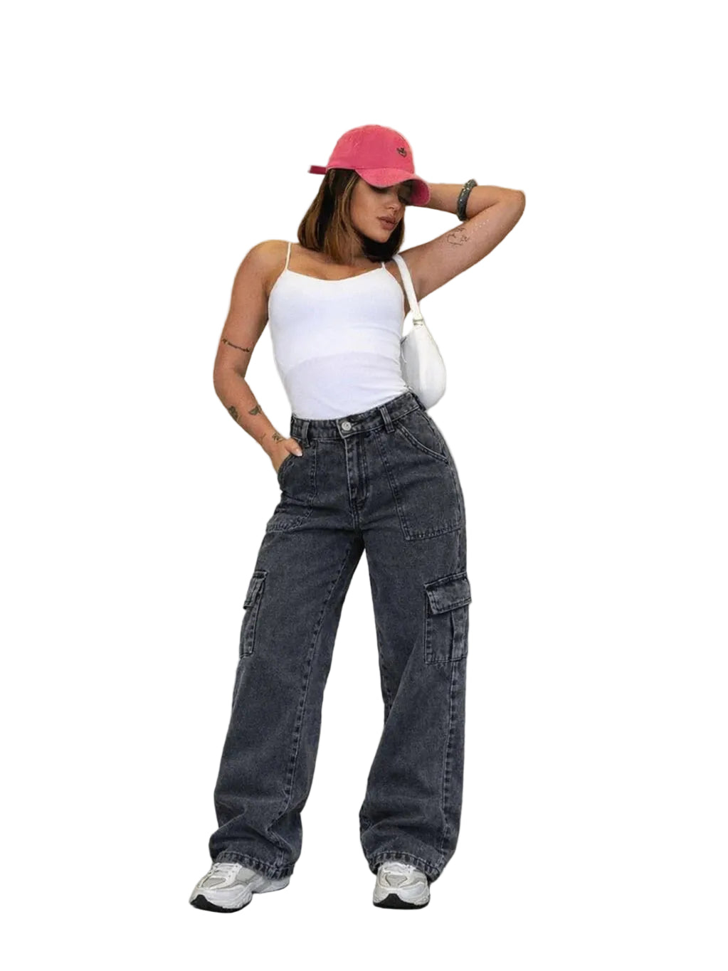 Calça Jeans Wide Leg Cargo  Cintura Alta