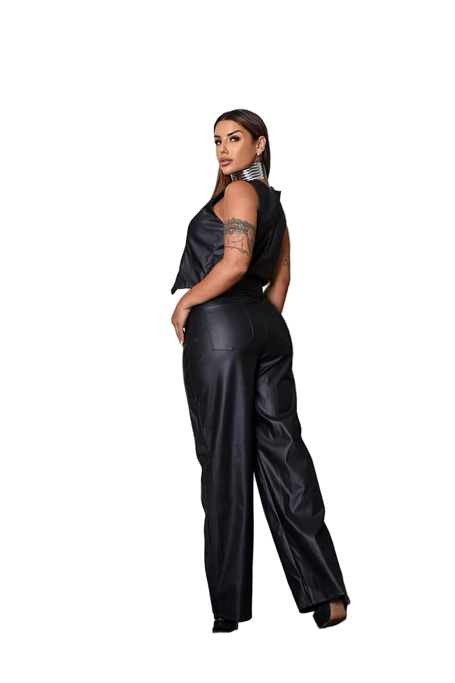 Calça Feminina Resinada Cintura Alta Pantalona Couro Sintético