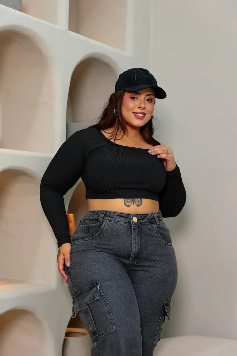 Calça Jeans Wide Leg Cargo Plus Size Cintura Alta