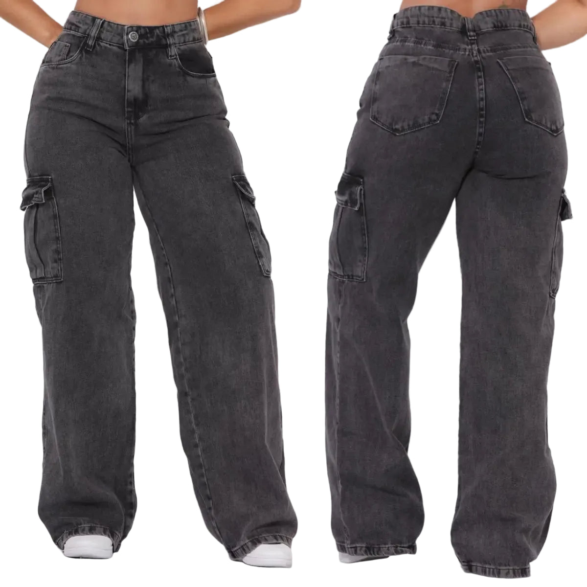 Calça Wide Cargo Jeans Feminina