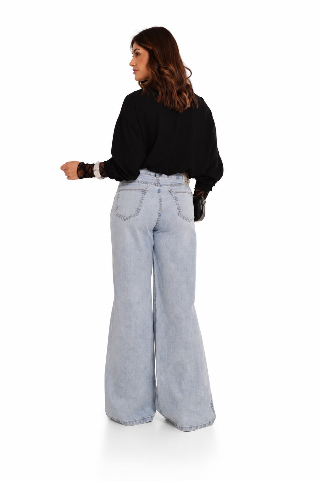 Calça Jeans Feminina Wide Leg Jeans Médio Cintura Alta Pantalona Clara