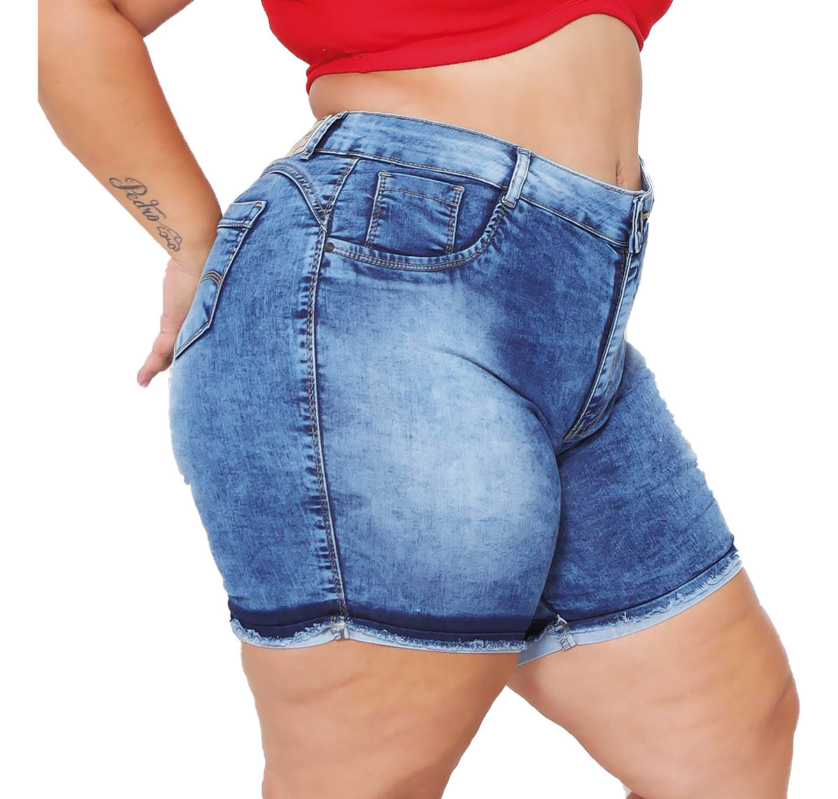 Short Jeans Feminino Plus Size Barra Dobrada E Desfiada