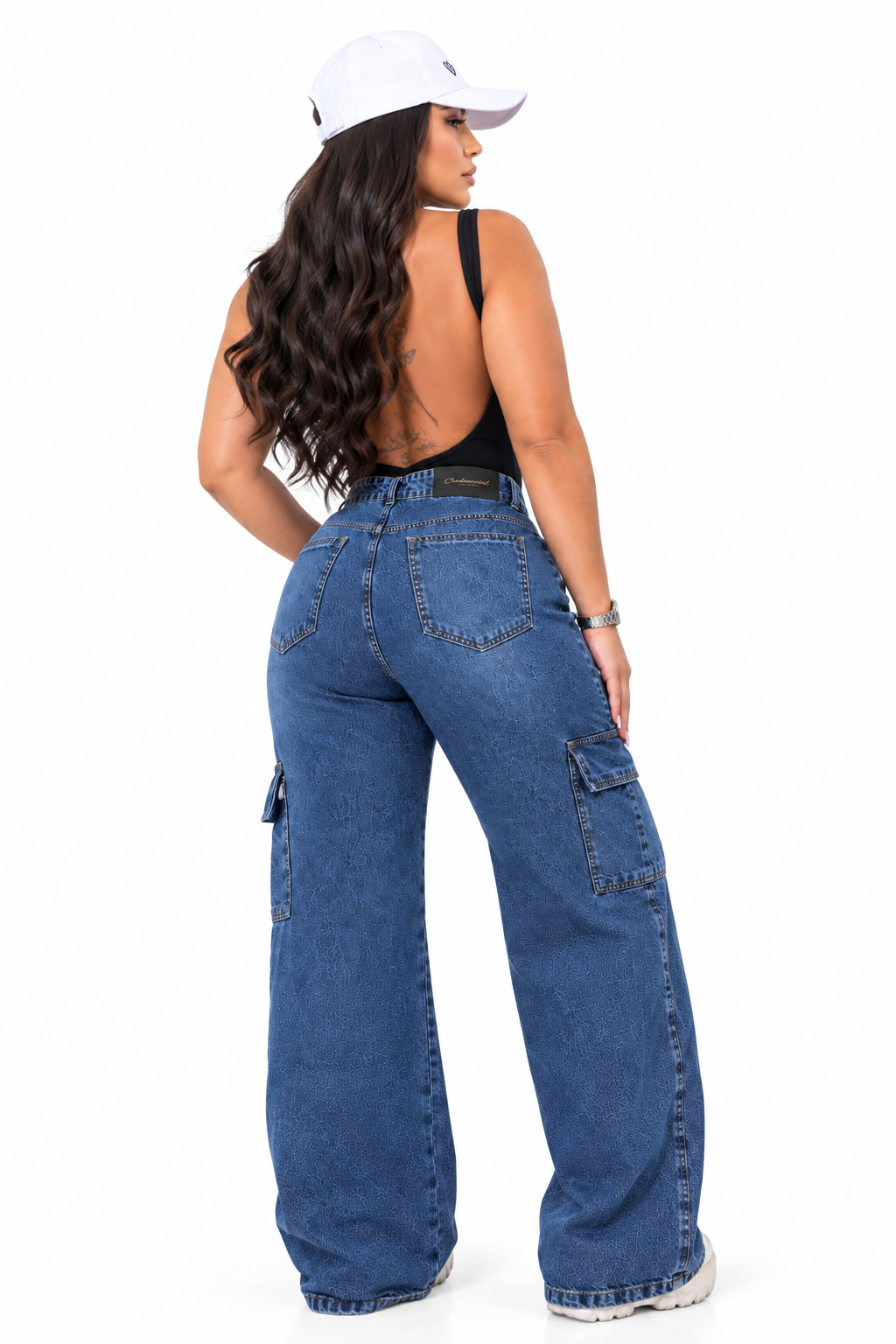 Calça Wide Leg Cargo Jeans Azul Alta Qualidade