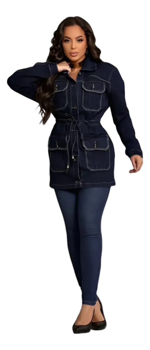 Jaqueta Parka Jeans Feminina Sobretudo Forrado Com Bolsos