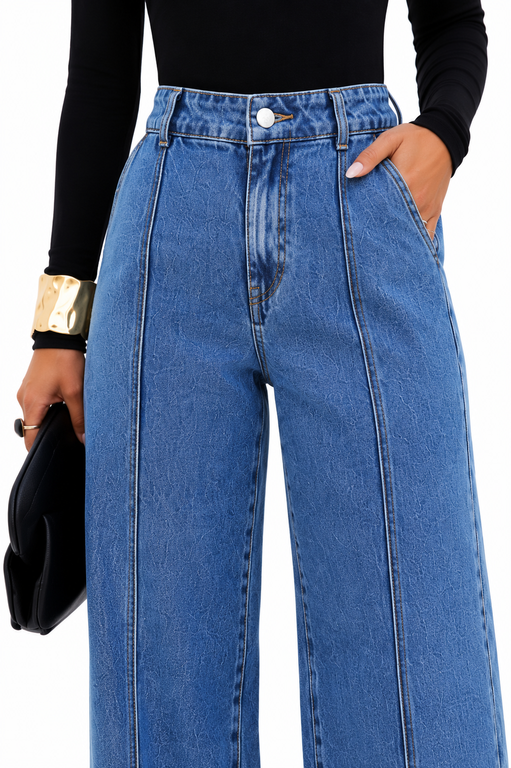 Calça Jeans Feminina Wide Leg Jeans Médio Cintura Alta Elegante