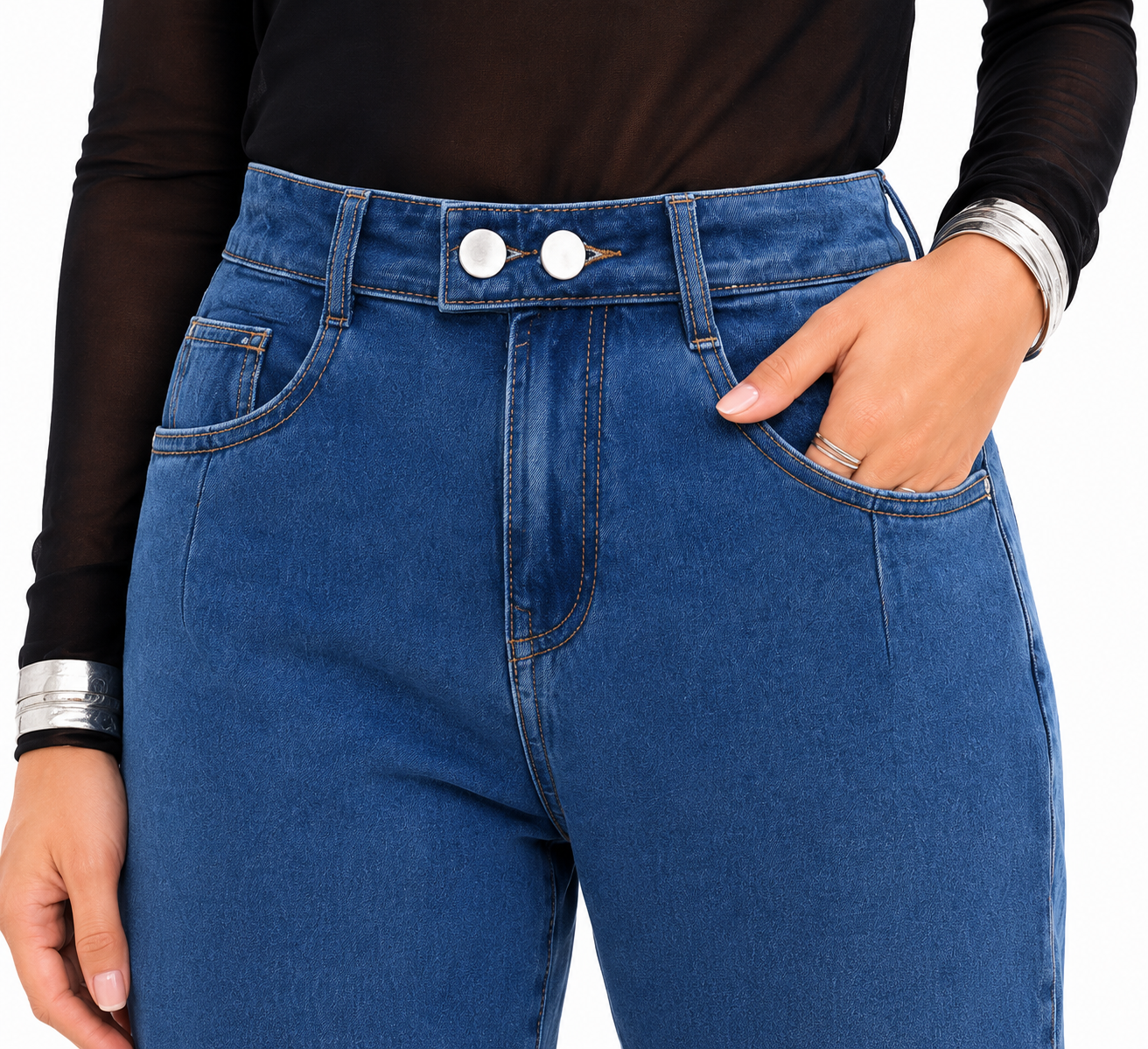 Calça Feminina Barrel Jeans Médio 100% Algodão Cintura Alta