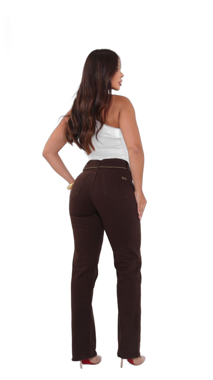 Calça Feminina Reta Marrom Cintura Alta com Corrente