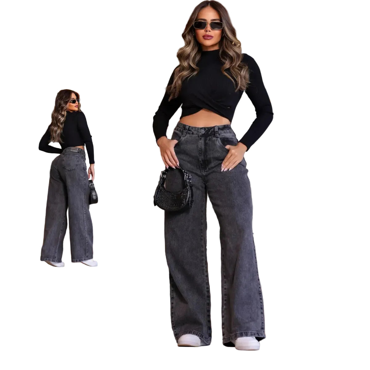 Calça Jeans Wide Leg Cargo Feminino