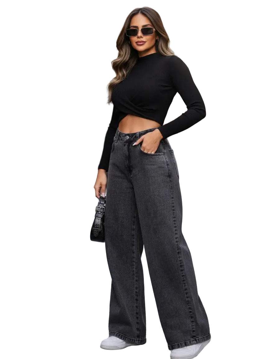 Calça Jeans Wide Leg Cargo Feminino