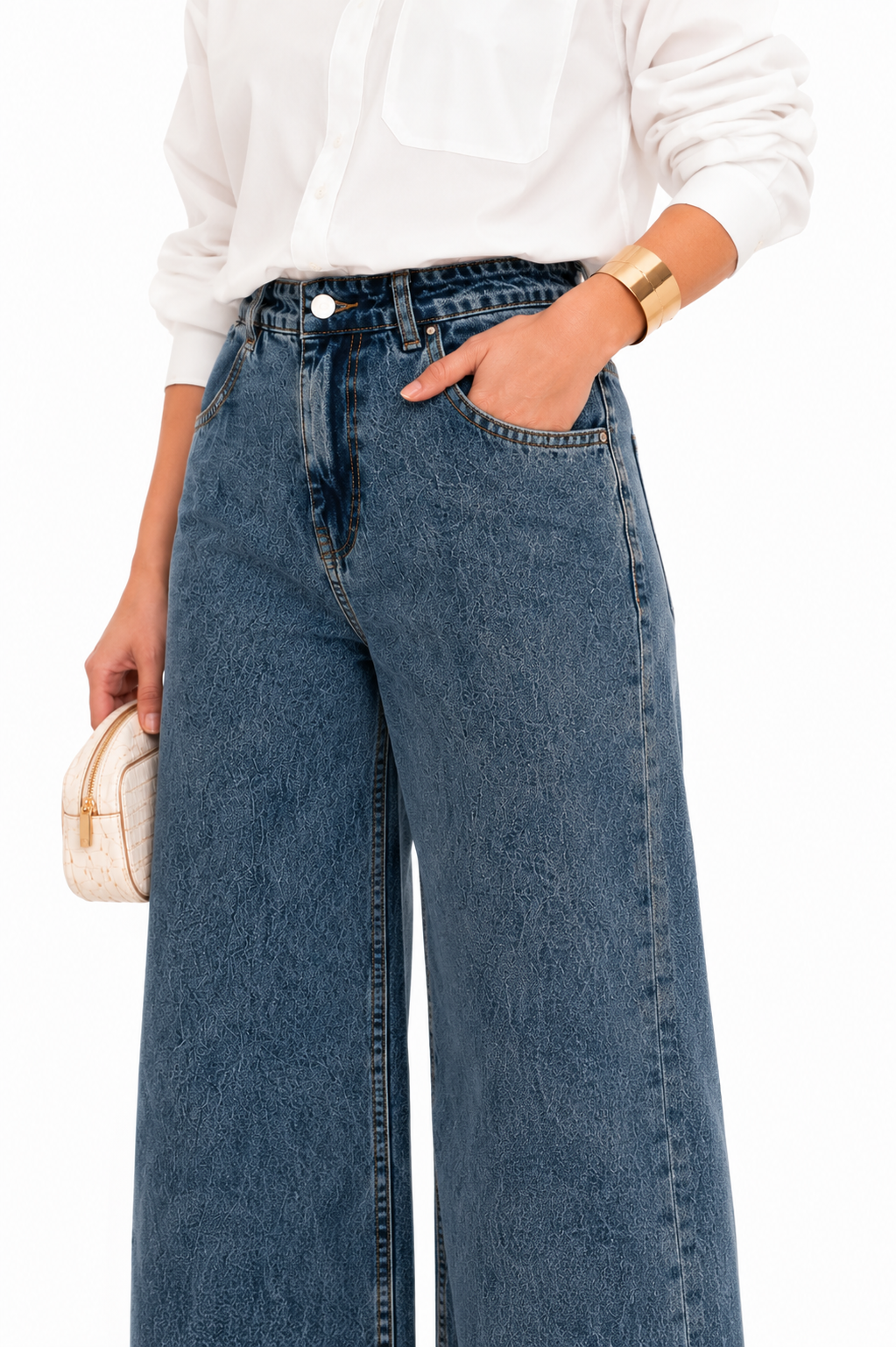 Calça Feminina Wide Lag Jeans Estonada Confortável