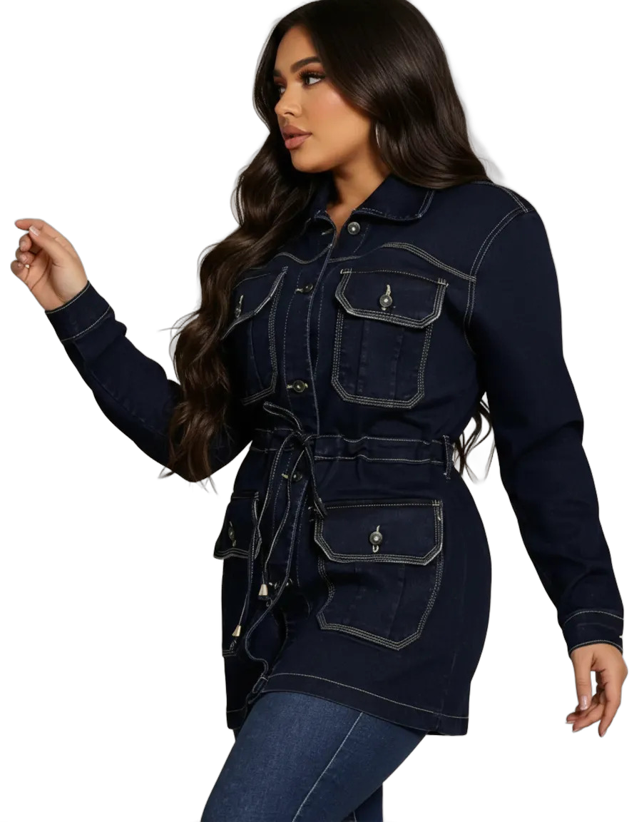 Jaqueta Parka Jeans Feminina Sobretudo Forrado Com Bolsos