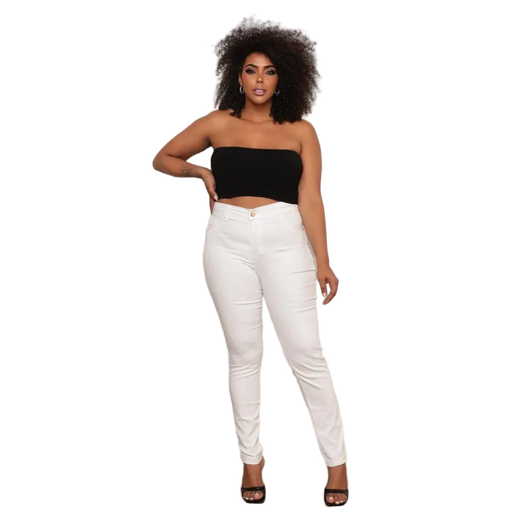 Calça Feminina Jeans Skinny Plus Size Branca Premium - Branca