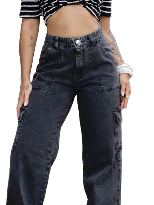 Calça Jeans Wide Leg Cargo  Cintura Alta