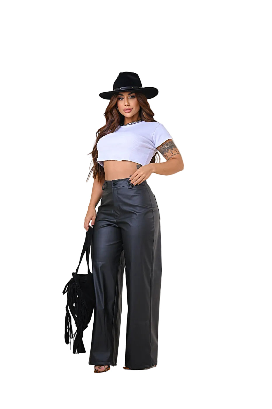 Calça Feminina Resinada Cintura Alta Pantalona Couro Sintético