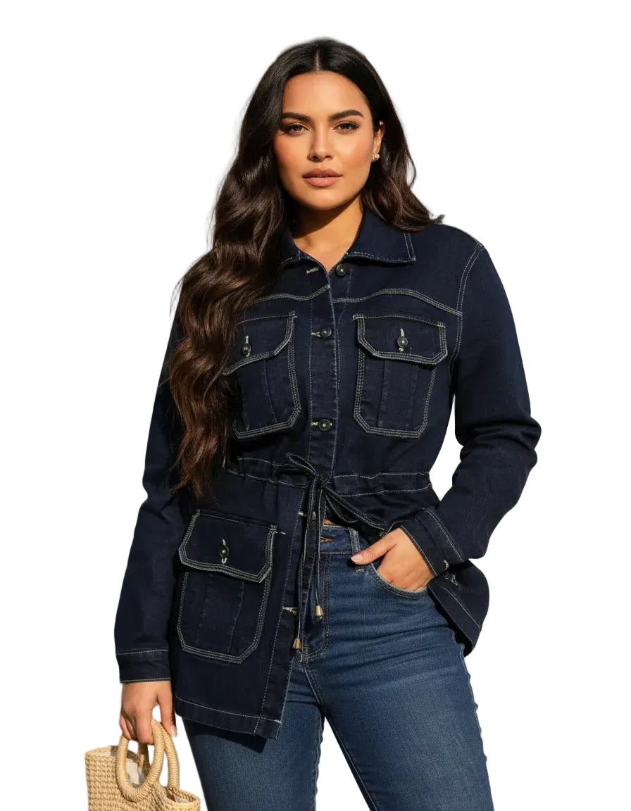 Jaqueta Parka Jeans Feminina Sobretudo Forrado Com Bolsos