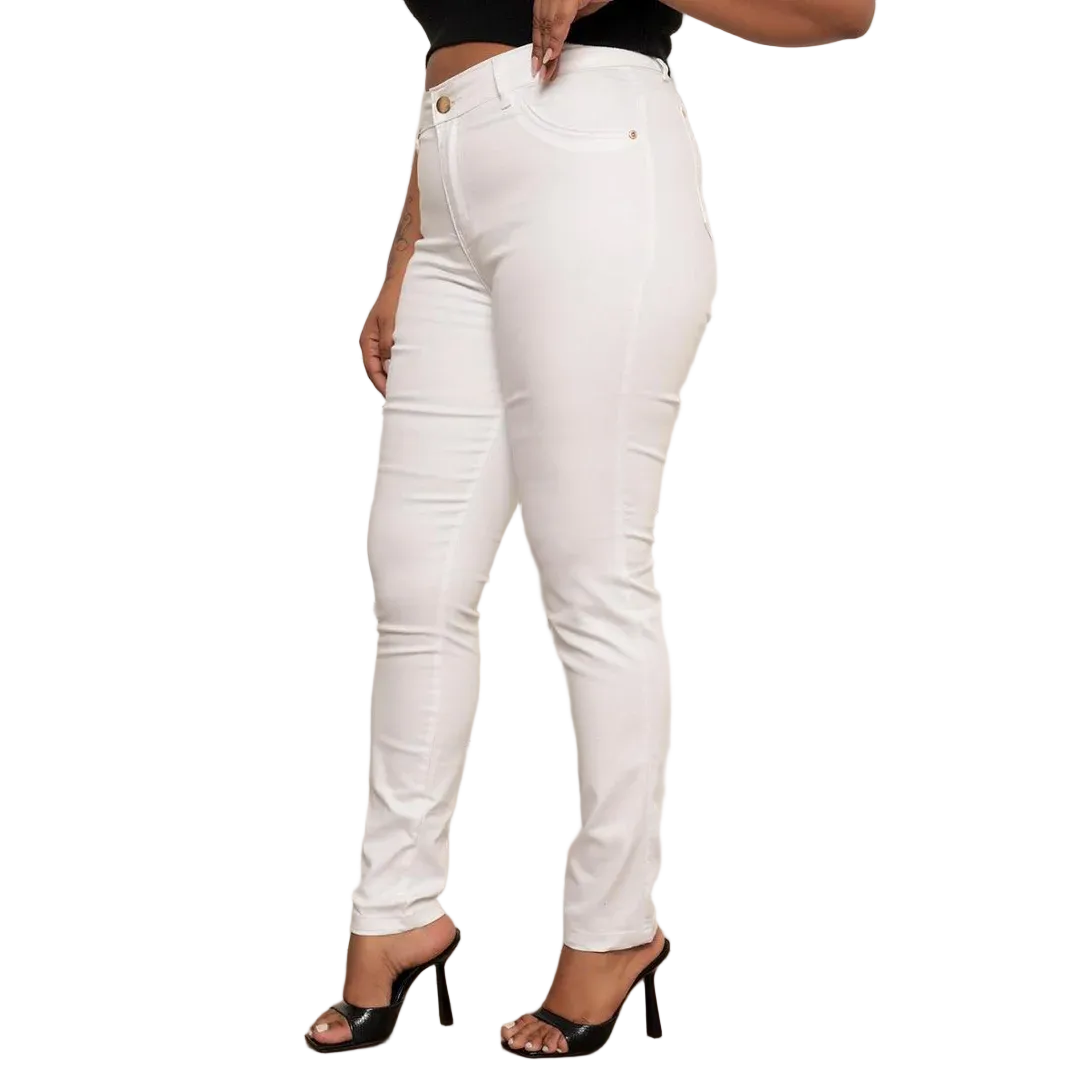 Calça Feminina Jeans Skinny Plus Size Branca Premium - Branca