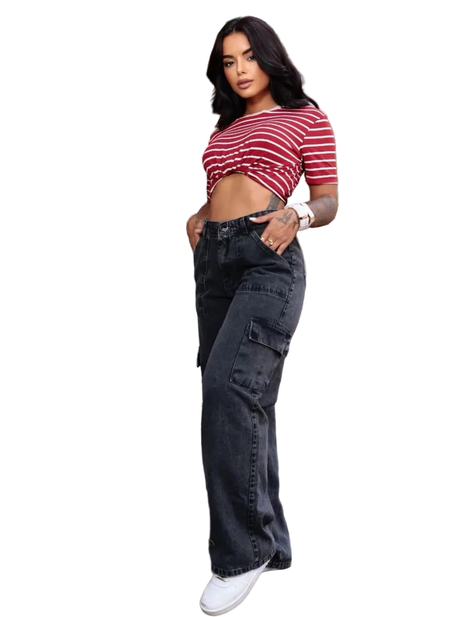 Calça Jeans Wide Leg Cargo  Cintura Alta