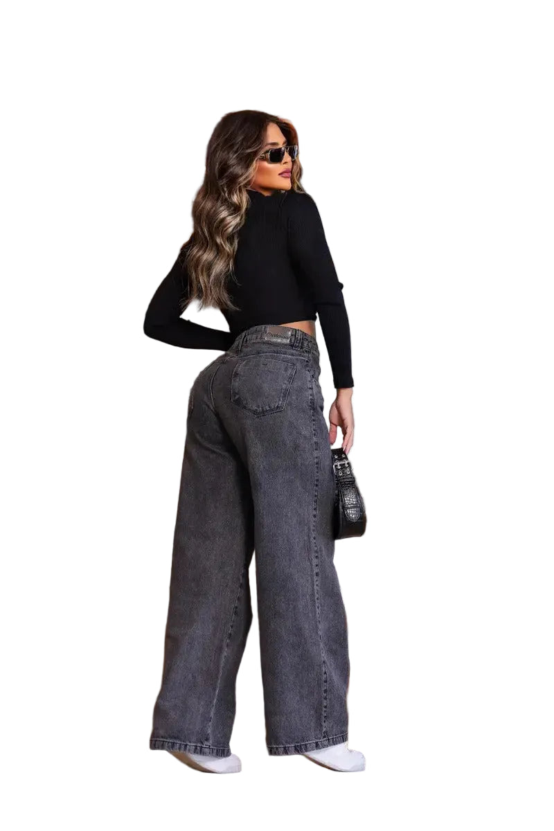 Calça Jeans Wide Leg Cargo Feminino
