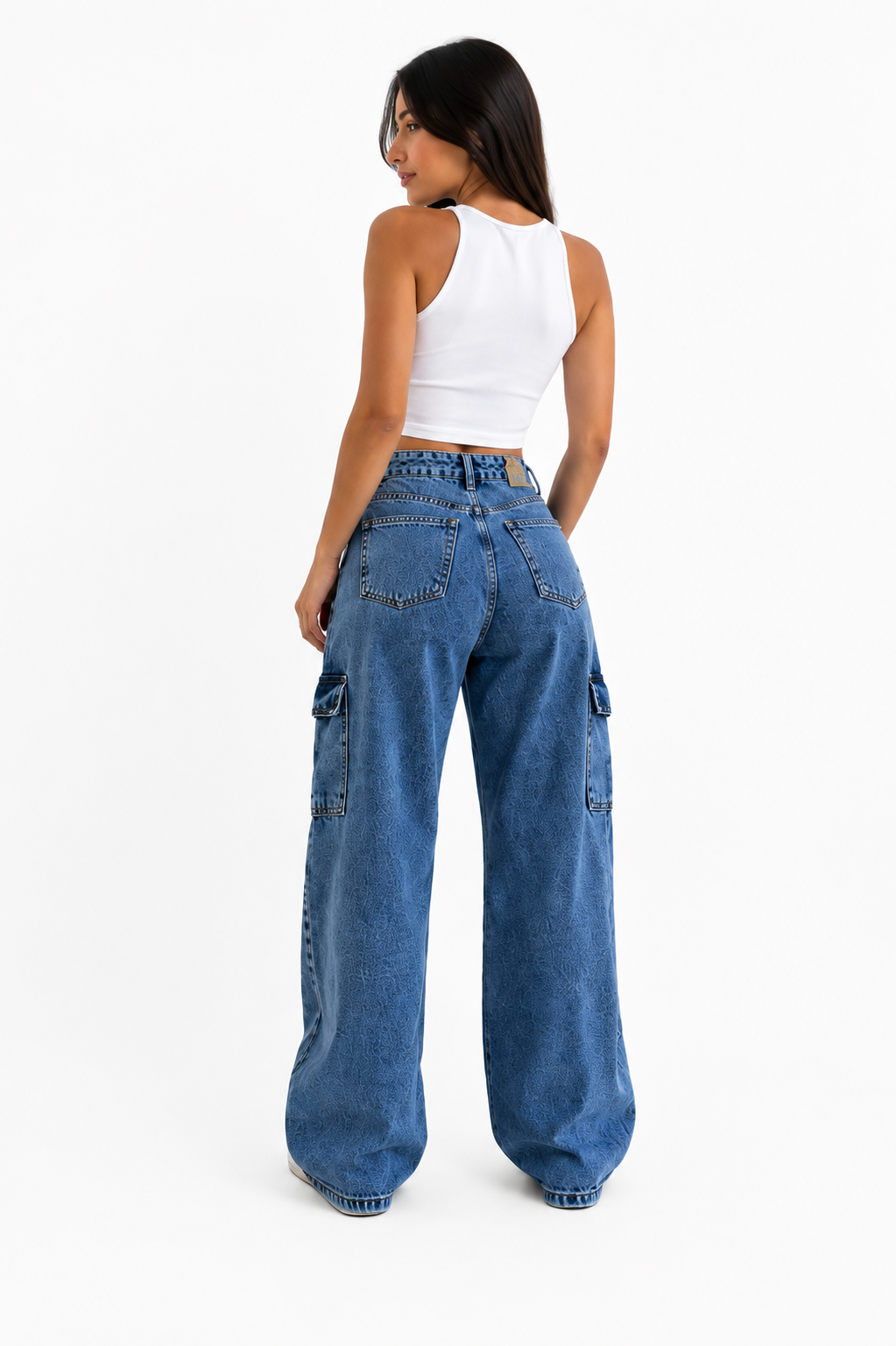Calça Feminina Infantil Wide Leg Cargo Jeans com Bolsos Laterais