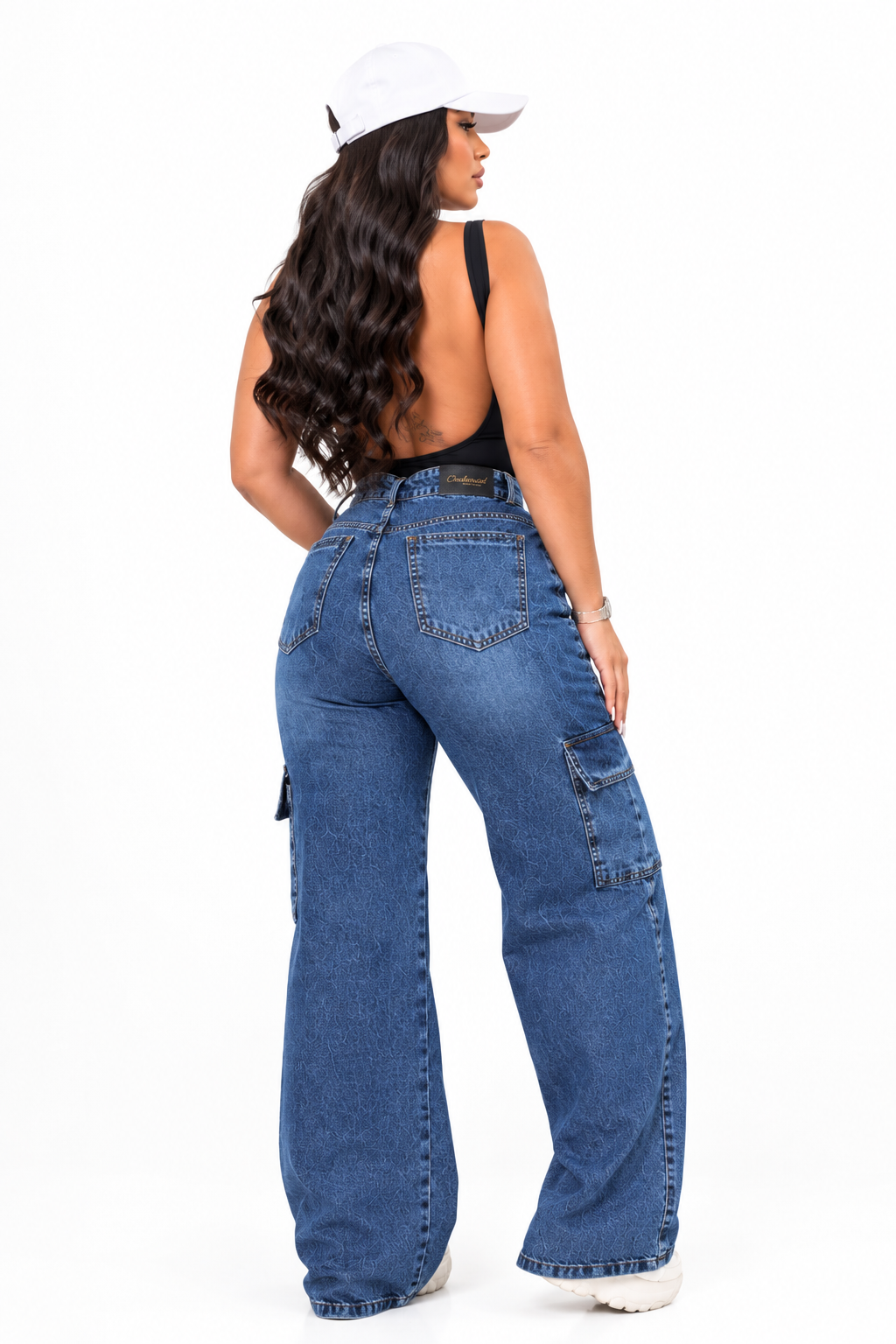 Calça Wide Leg Cargo Jeans Azul Alta Qualidade