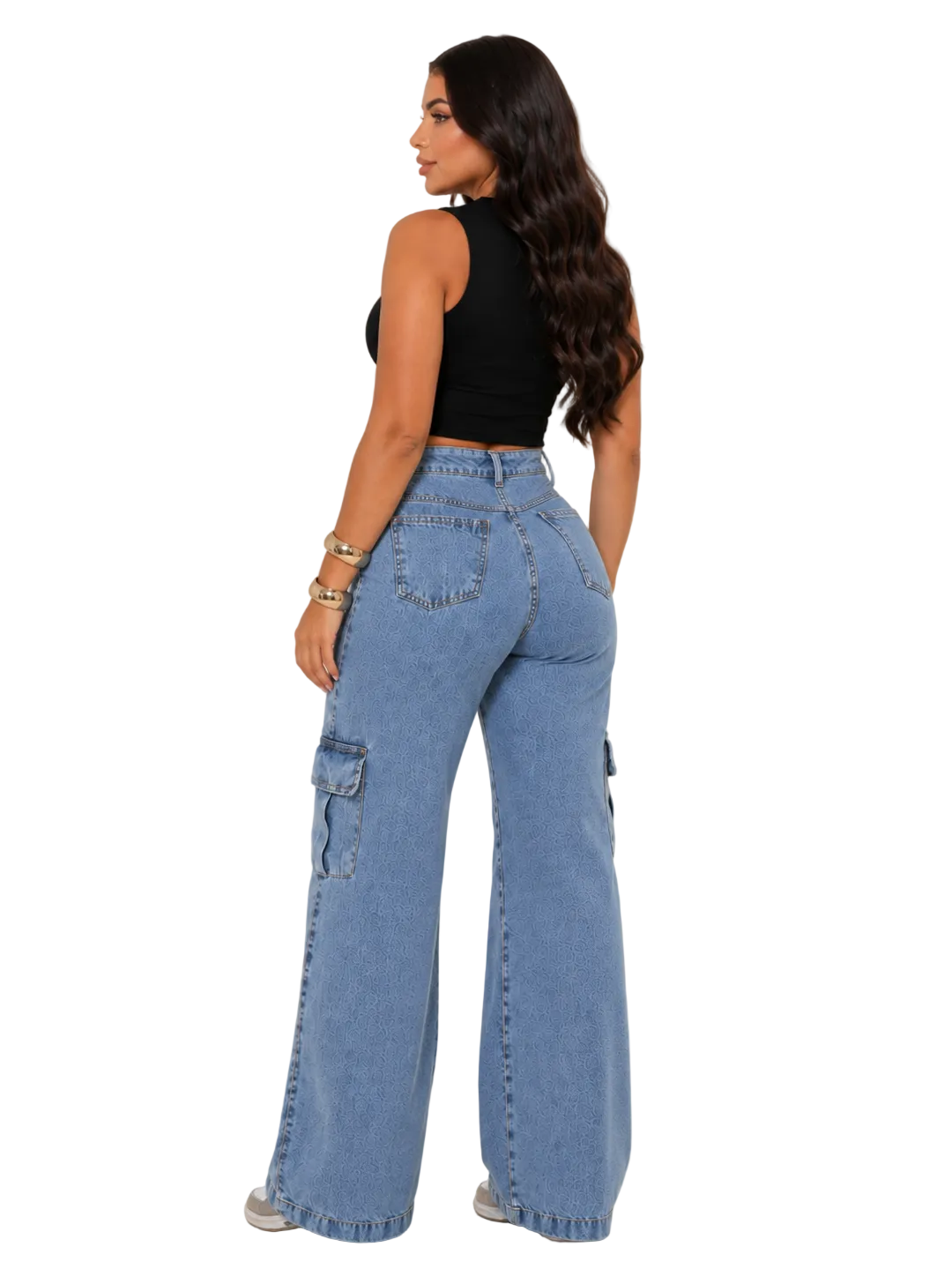 Calça Jeans Wide Leg Feminina Cargo Levanta Bumbum Cintura Alta 100 % Algodão