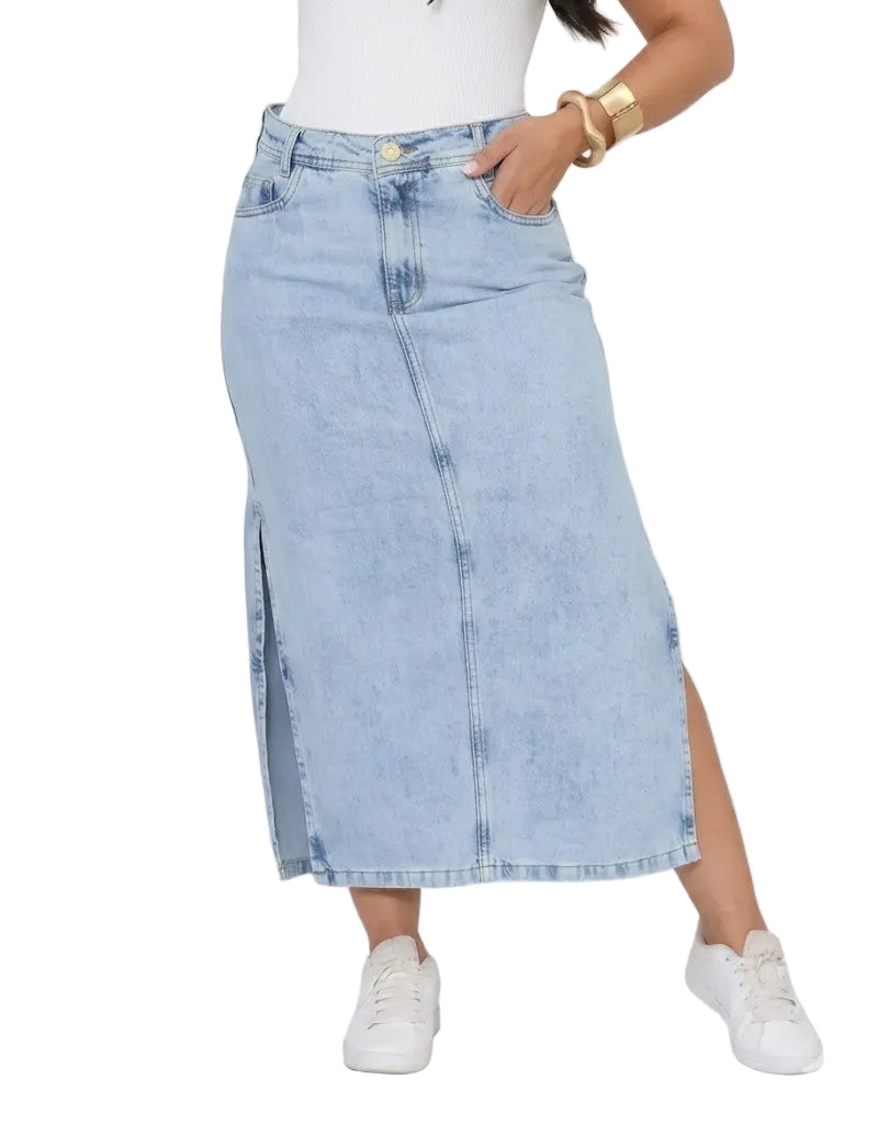Saia Jeans Feminina Midi Azul Abertura Lateral Cintura Alta
