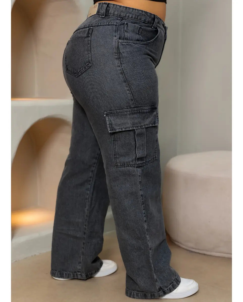 Calça Jeans Wide Leg Cargo Plus Size Cintura Alta