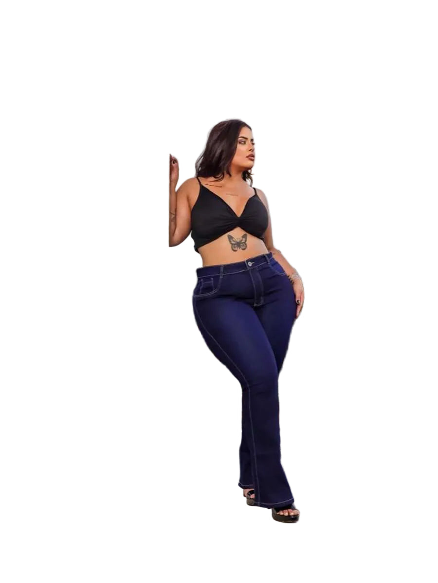 Calça Jeans Feminina Flare Plus Size Com Lycra Retrô moda