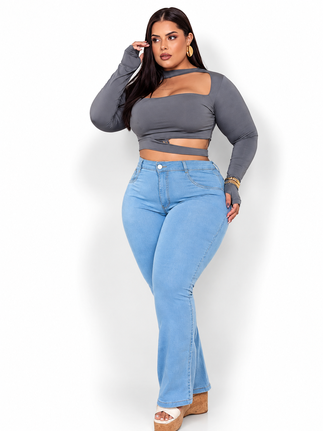 Calça Wide Jeans Plus Size Com Elastano Premium  Zíper Bolso Botão