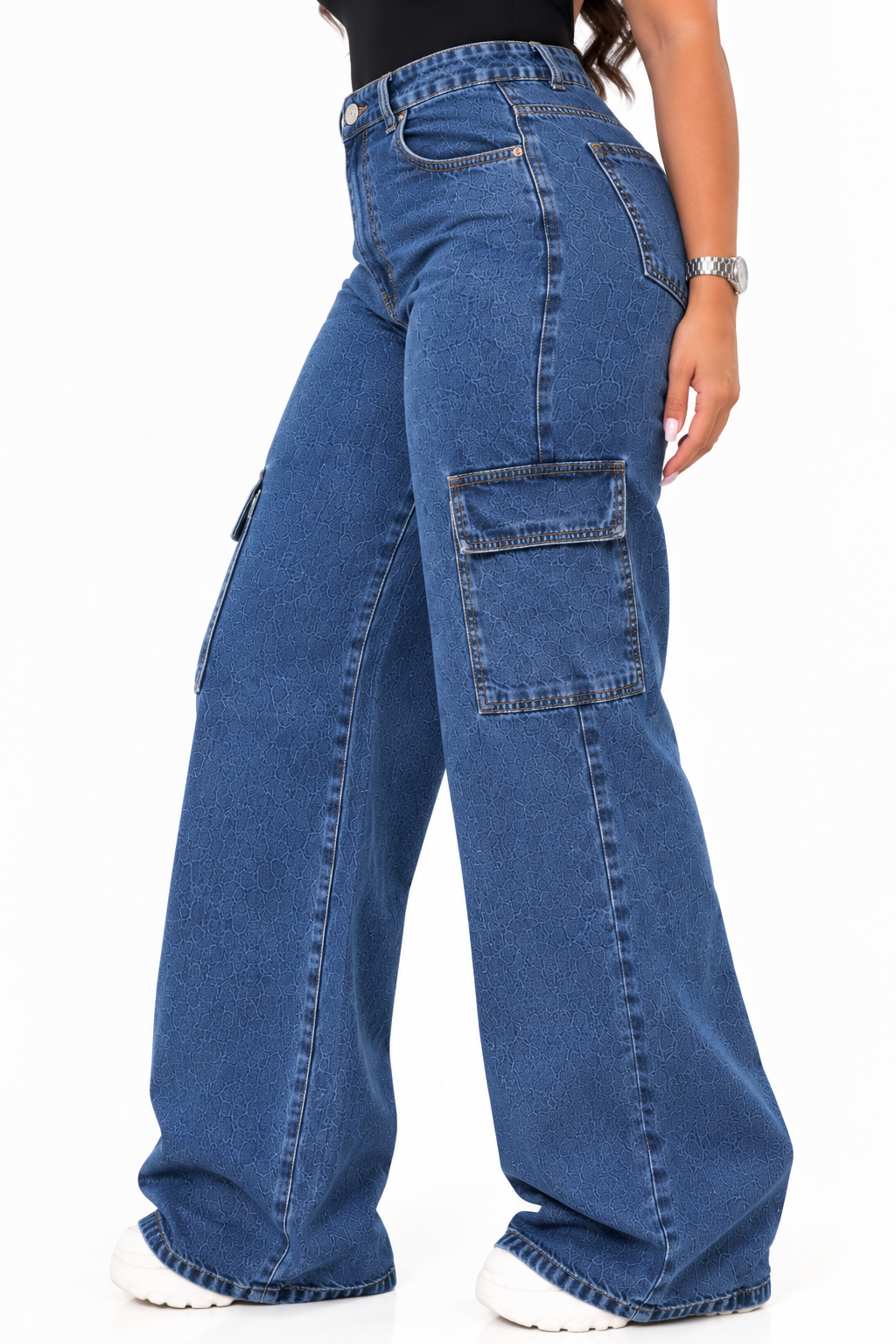 Calça Wide Leg Cargo Jeans Azul Alta Qualidade