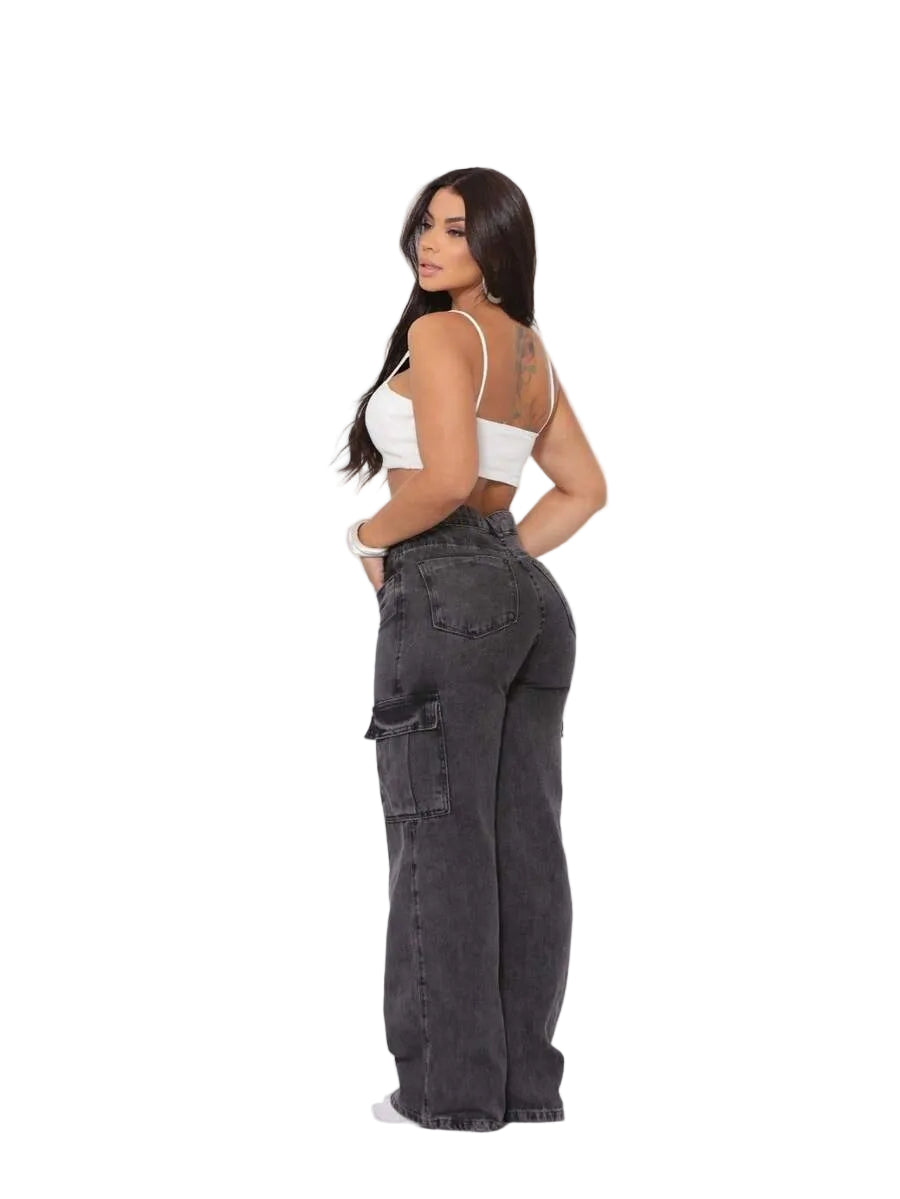 Calça Wide Cargo Jeans Feminina