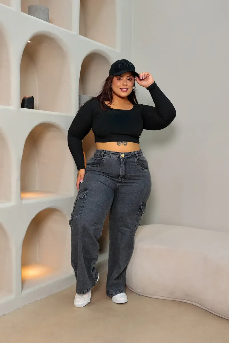 Calça Jeans Wide Leg Cargo Plus Size Cintura Alta