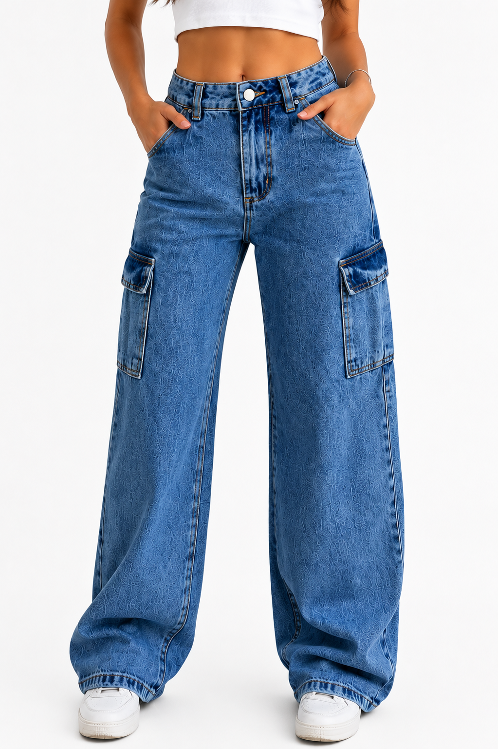 Calça Feminina Infantil Wide Leg Cargo Jeans com Bolsos Laterais